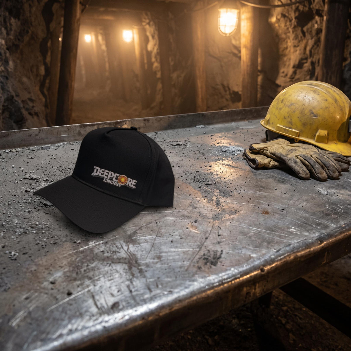 La casquette DEEPCORE posée sur un établi d’acier dans une galerie de mine, à côté d’un casque et de gants de travail