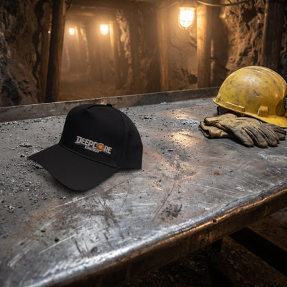 La casquette DEEPCORE posée sur un établi d’acier dans une galerie de mine, à côté d’un casque et de gants de travail